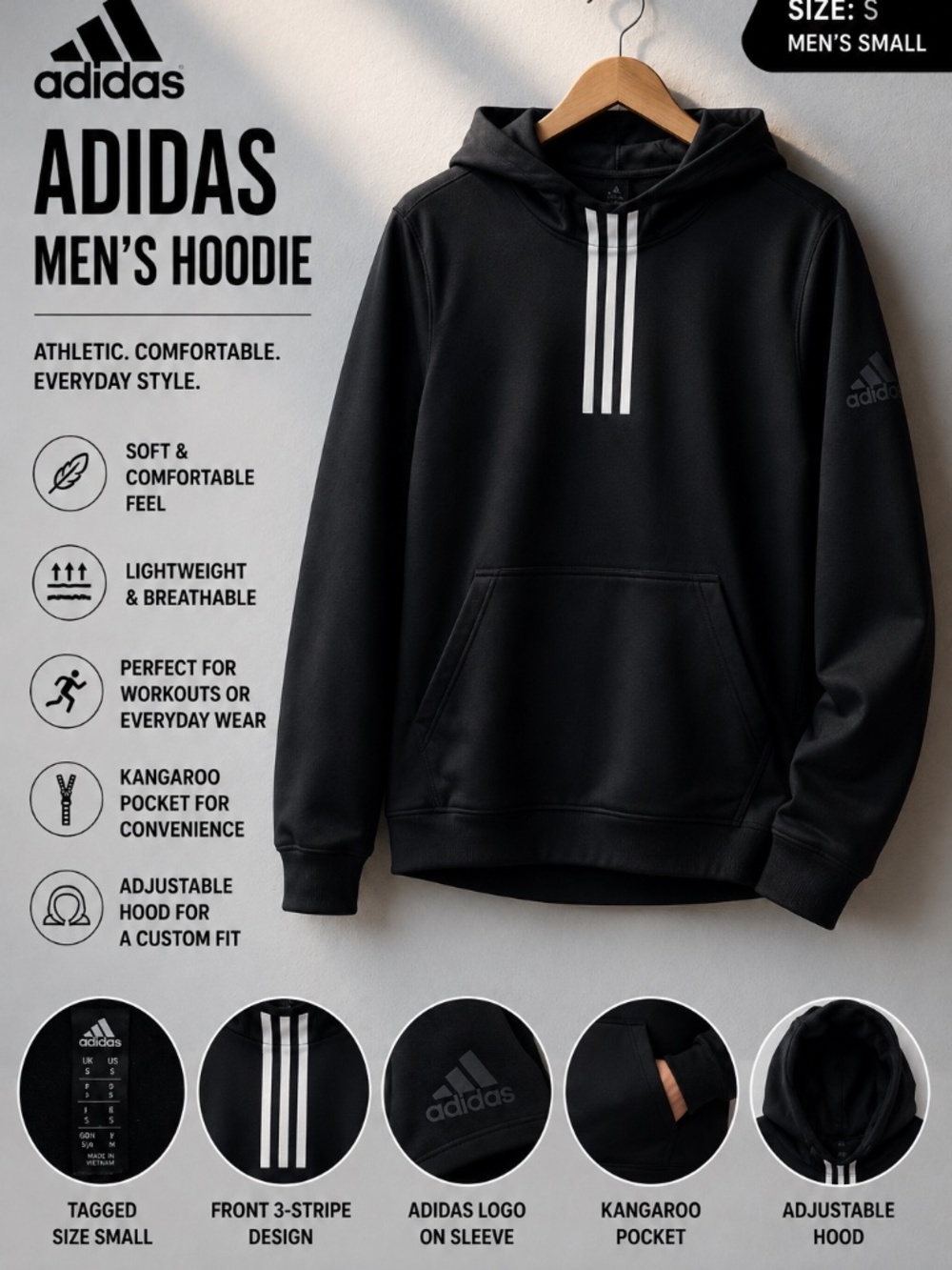 Adidas Men’s Small Black Short Sleeve Hooded Performance Shirt 3 Stripe